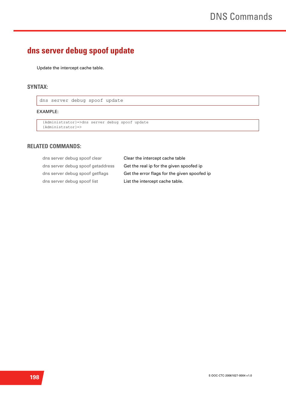 Dns server debug spoof update, Update the intercept cache table, Dns commands | Technicolor - Thomson ST585 V6 User Manual | Page 222 / 834