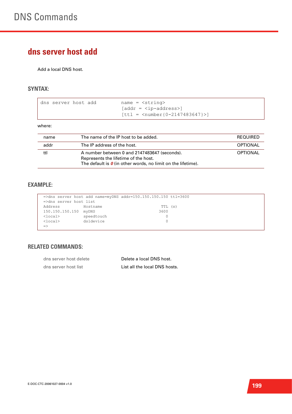 Dns server host add, Add a local dns host, Dns commands | Syntax, Example: related commands | Technicolor - Thomson ST585 V6 User Manual | Page 223 / 834