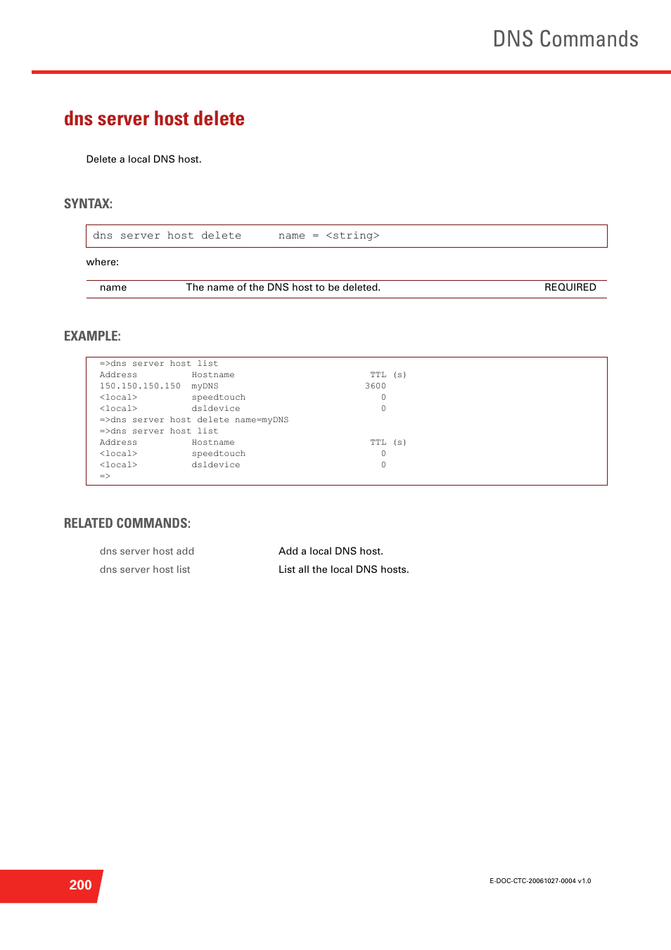 Dns server host delete, Delete a local dns host, Dns commands | Syntax, Example: related commands | Technicolor - Thomson ST585 V6 User Manual | Page 224 / 834