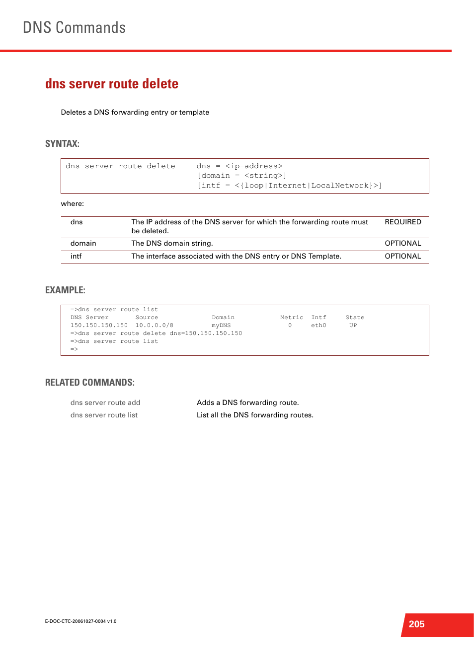 Dns server route delete, Deletes a dns forwarding entry or template, Dns commands | Syntax, Example: related commands | Technicolor - Thomson ST585 V6 User Manual | Page 229 / 834