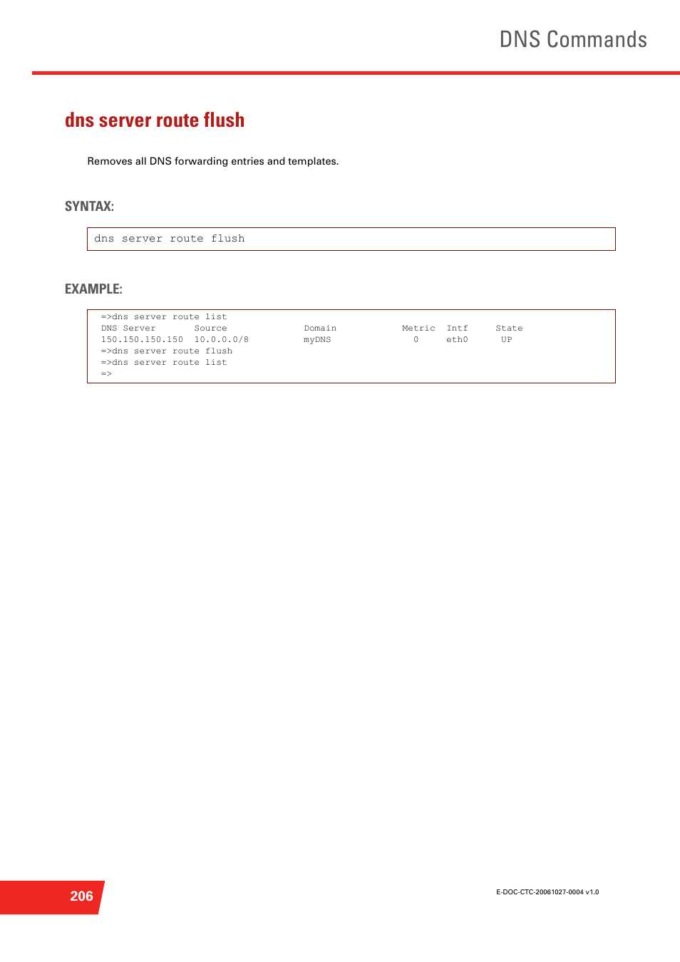 Dns server route flush, Removes all dns forwarding entries and templates, Dns commands | Syntax: example | Technicolor - Thomson ST585 V6 User Manual | Page 230 / 834