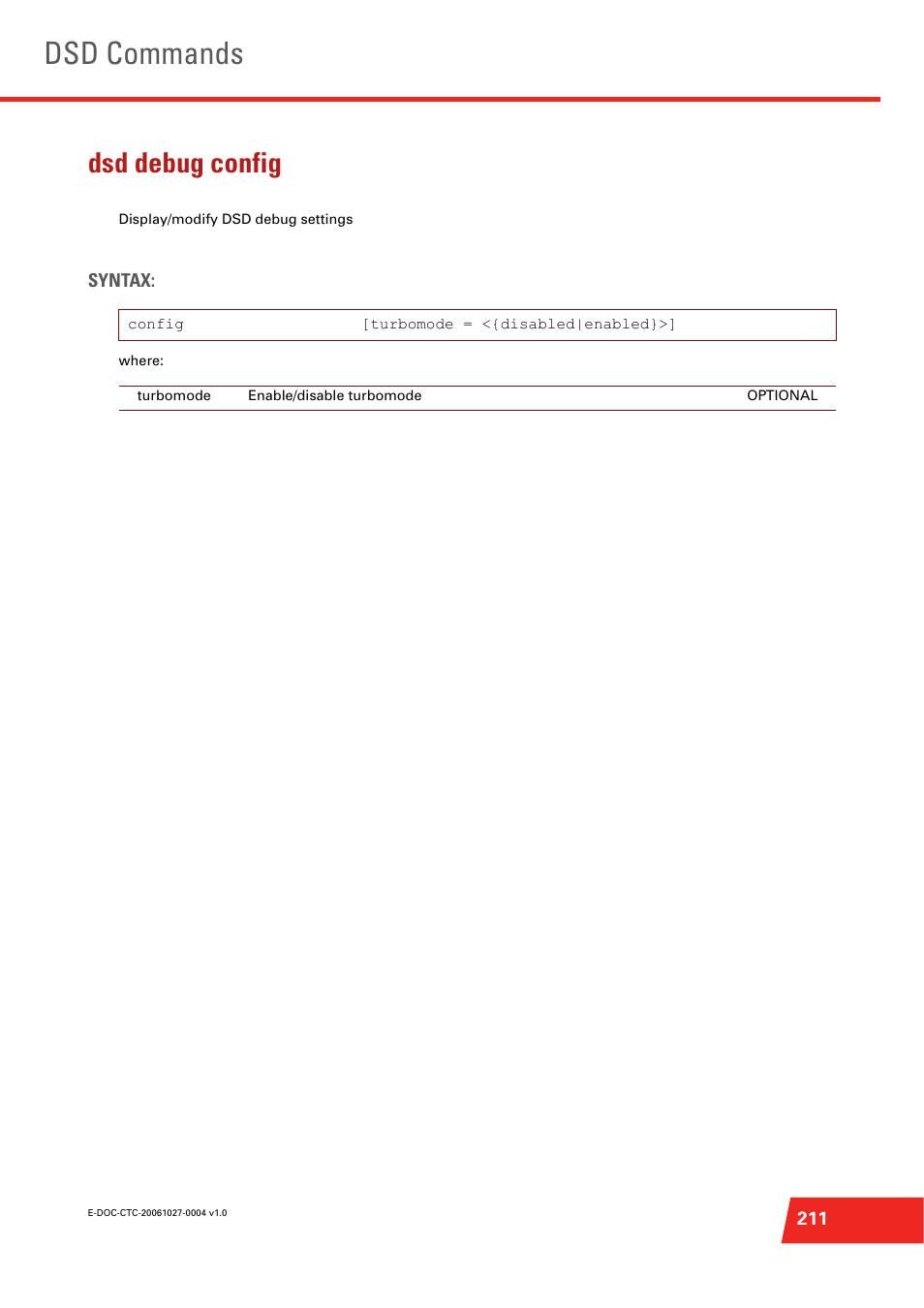 Dsd debug config, Display/modify dsd debug settings, Dsd commands | Technicolor - Thomson ST585 V6 User Manual | Page 235 / 834