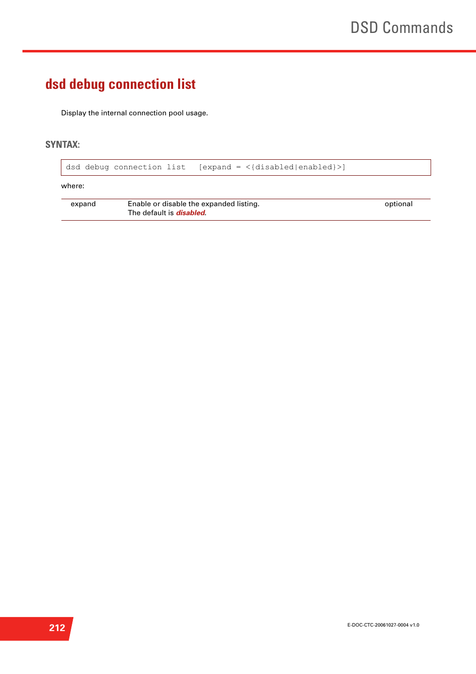 Dsd debug connection list, Display the internal connection pool usage, Dsd commands | Technicolor - Thomson ST585 V6 User Manual | Page 236 / 834