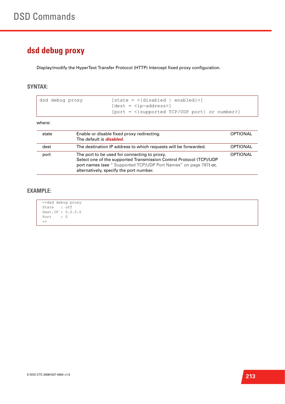 Dsd debug proxy, Dsd commands, Syntax | Example | Technicolor - Thomson ST585 V6 User Manual | Page 237 / 834