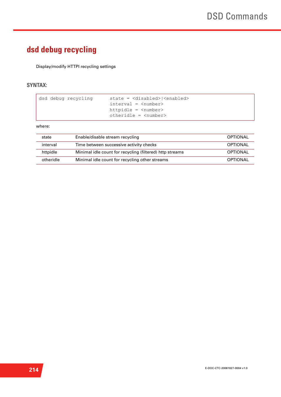 Dsd debug recycling, Display/modify httpi recycling settings, Dsd commands | Technicolor - Thomson ST585 V6 User Manual | Page 238 / 834