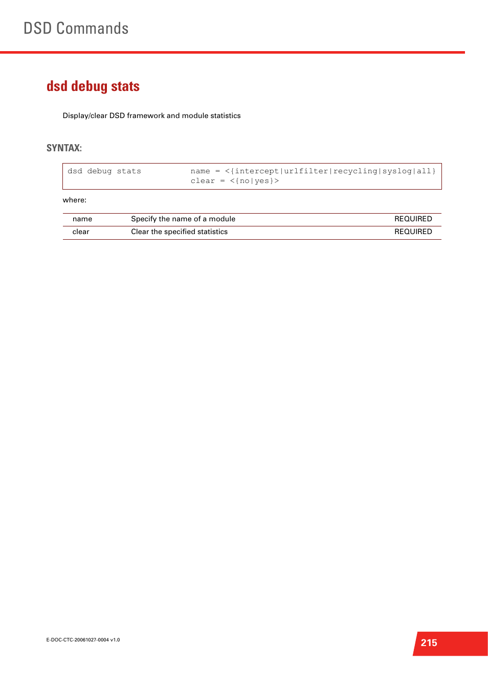 Dsd debug stats, Display/clear dsd framework and module statistics, Dsd commands | Technicolor - Thomson ST585 V6 User Manual | Page 239 / 834