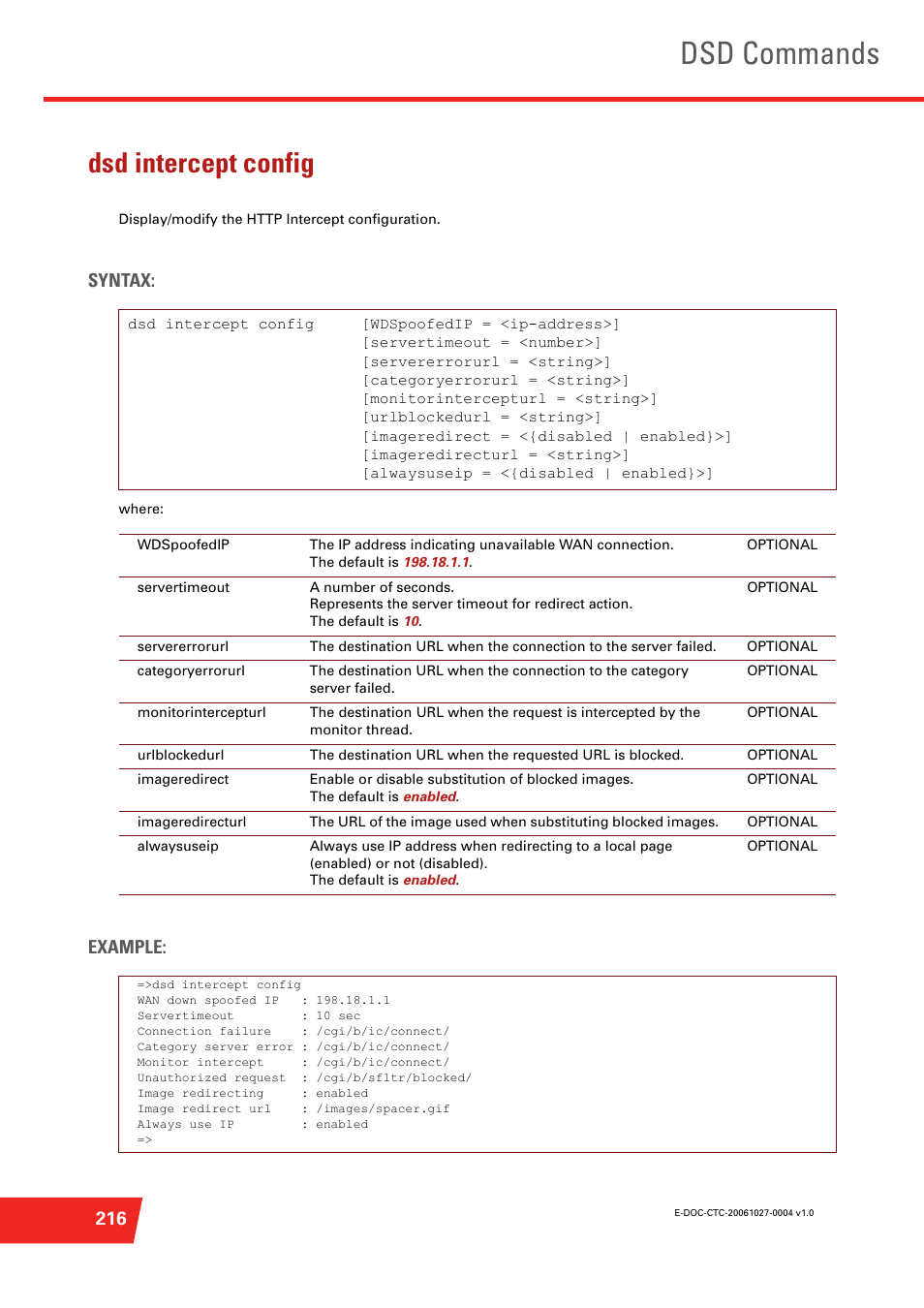 Dsd intercept config, Display/modify the http intercept configuration, Dsd commands | Syntax, Example | Technicolor - Thomson ST585 V6 User Manual | Page 240 / 834