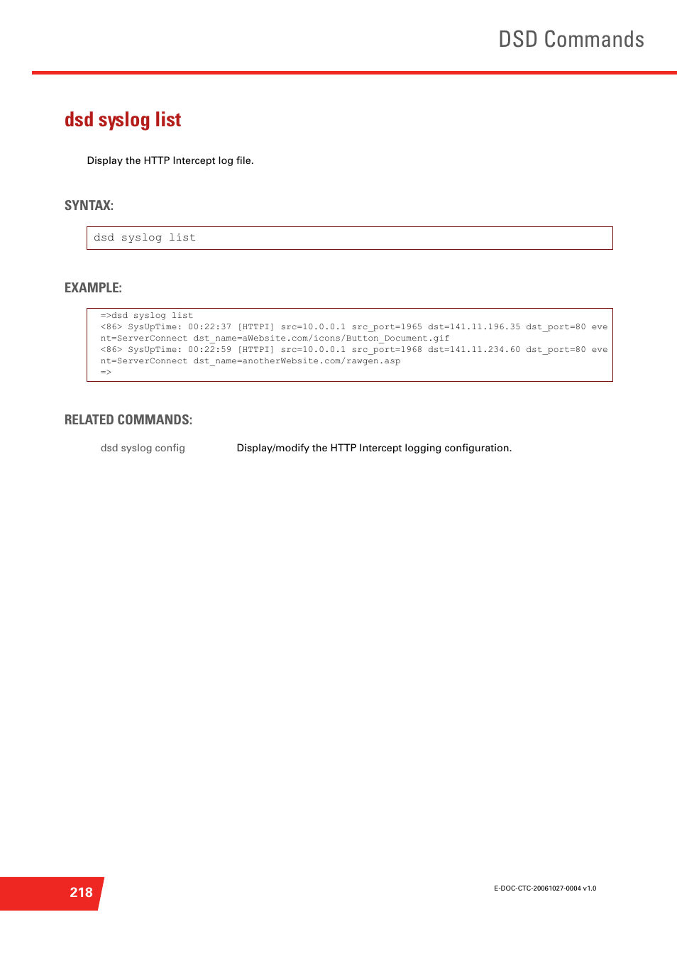 Dsd syslog list, Display the http intercept log file, Dsd commands | Technicolor - Thomson ST585 V6 User Manual | Page 242 / 834