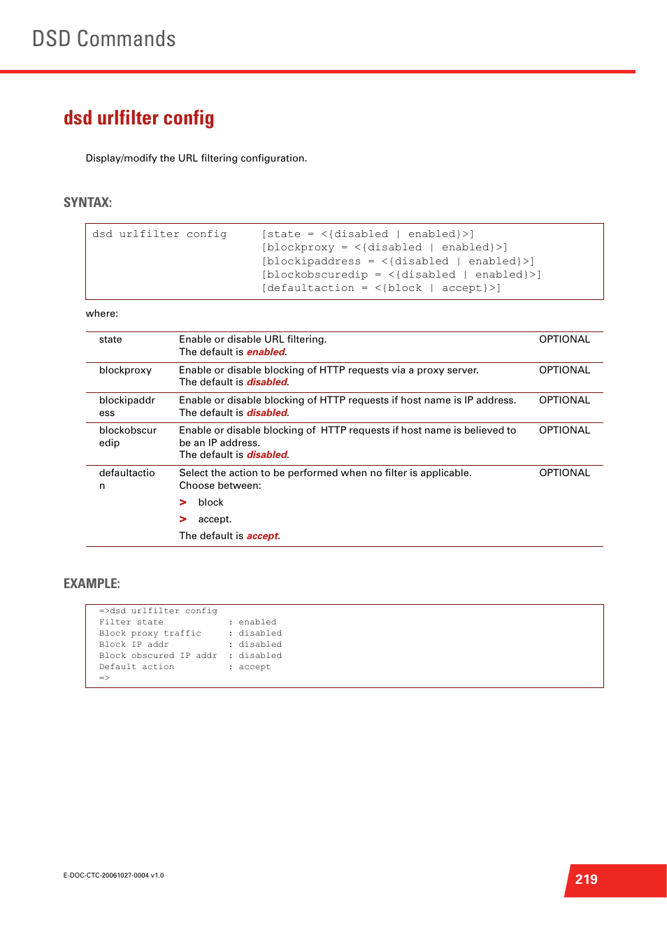 Dsd urlfilter config, Dsd commands, Syntax | Example | Technicolor - Thomson ST585 V6 User Manual | Page 243 / 834