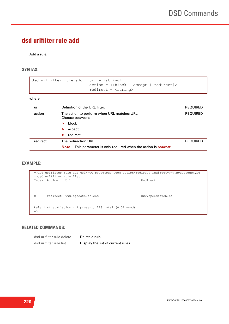 Dsd urlfilter rule add, Dsd commands, Syntax | Example: related commands | Technicolor - Thomson ST585 V6 User Manual | Page 244 / 834