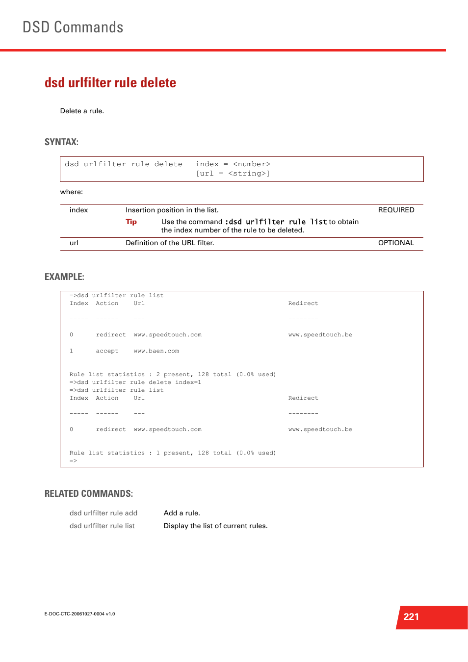 Dsd urlfilter rule delete, Dsd commands, Syntax | Example: related commands | Technicolor - Thomson ST585 V6 User Manual | Page 245 / 834