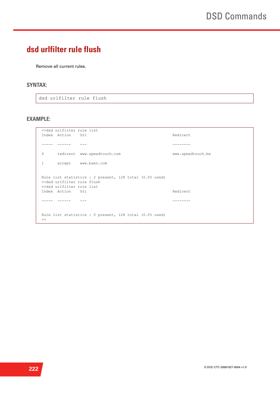 Dsd urlfilter rule flush, Dsd commands, Syntax: example | Technicolor - Thomson ST585 V6 User Manual | Page 246 / 834