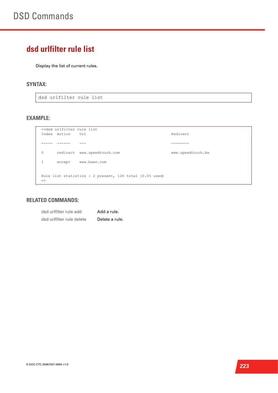 Dsd urlfilter rule list, Dsd commands, Syntax: example: related commands | Technicolor - Thomson ST585 V6 User Manual | Page 247 / 834