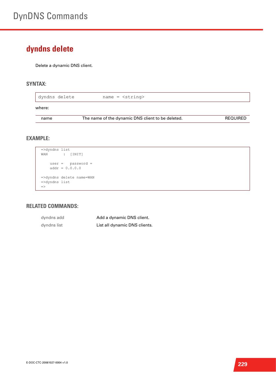 Dyndns delete, Delete a dynamic dns client, Dyndns commands | Syntax, Example: related commands | Technicolor - Thomson ST585 V6 User Manual | Page 253 / 834