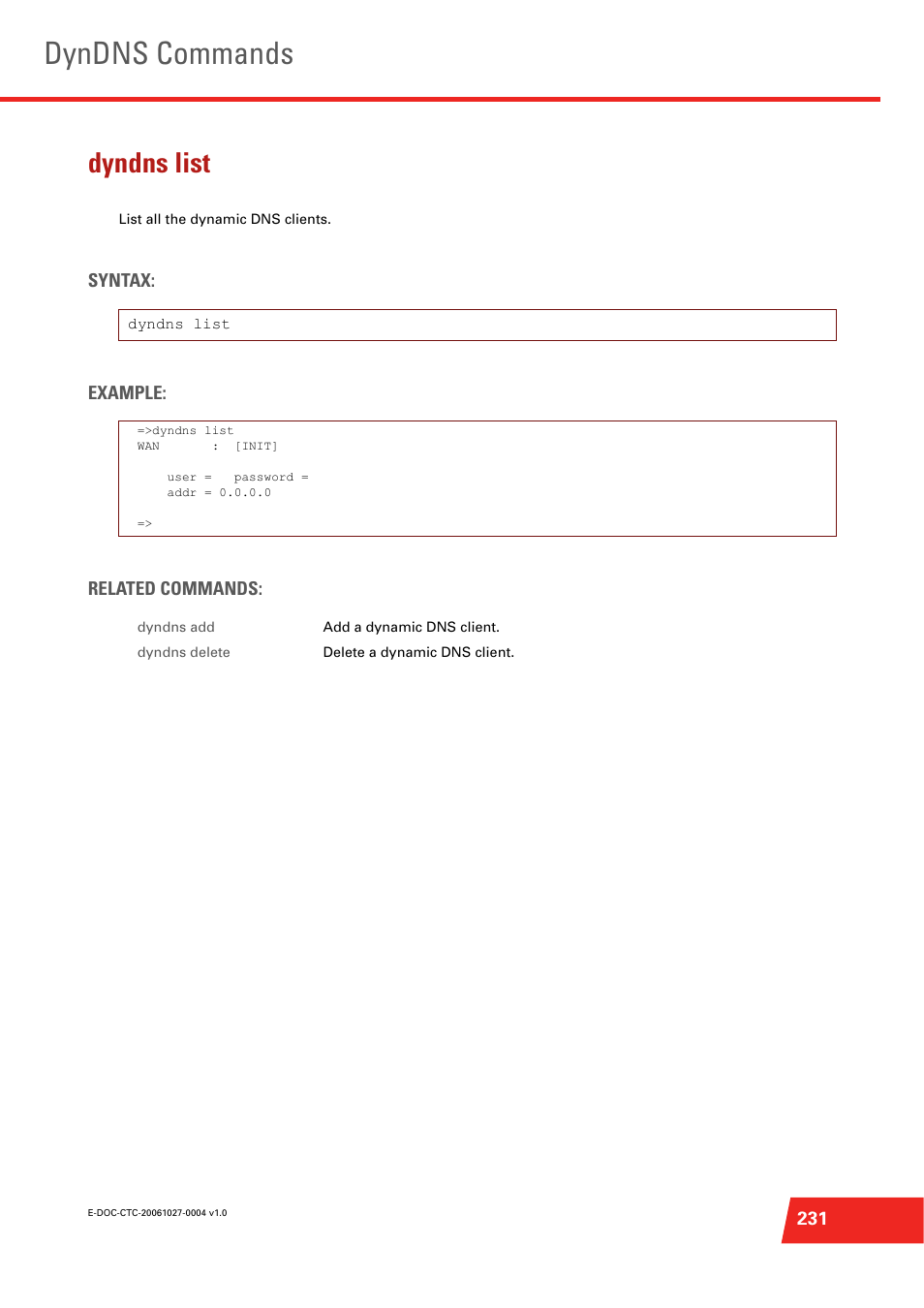 Dyndns list, List all the dynamic dns clients, Dyndns commands | Technicolor - Thomson ST585 V6 User Manual | Page 255 / 834