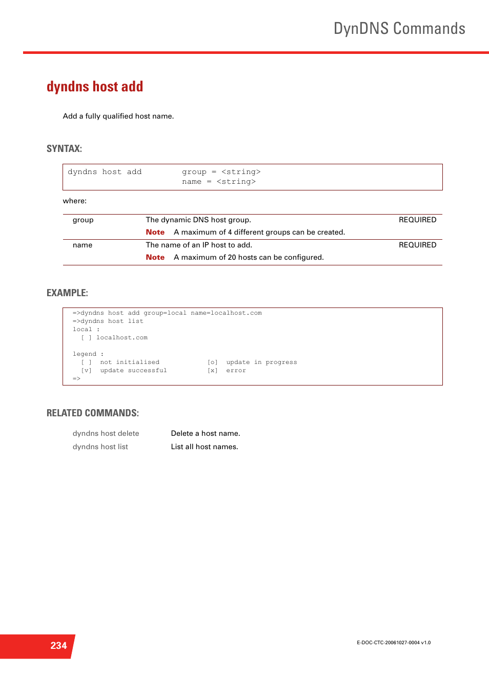 Dyndns host add, Add a fully qualified host name, Dyndns commands | Syntax, Example: related commands | Technicolor - Thomson ST585 V6 User Manual | Page 258 / 834