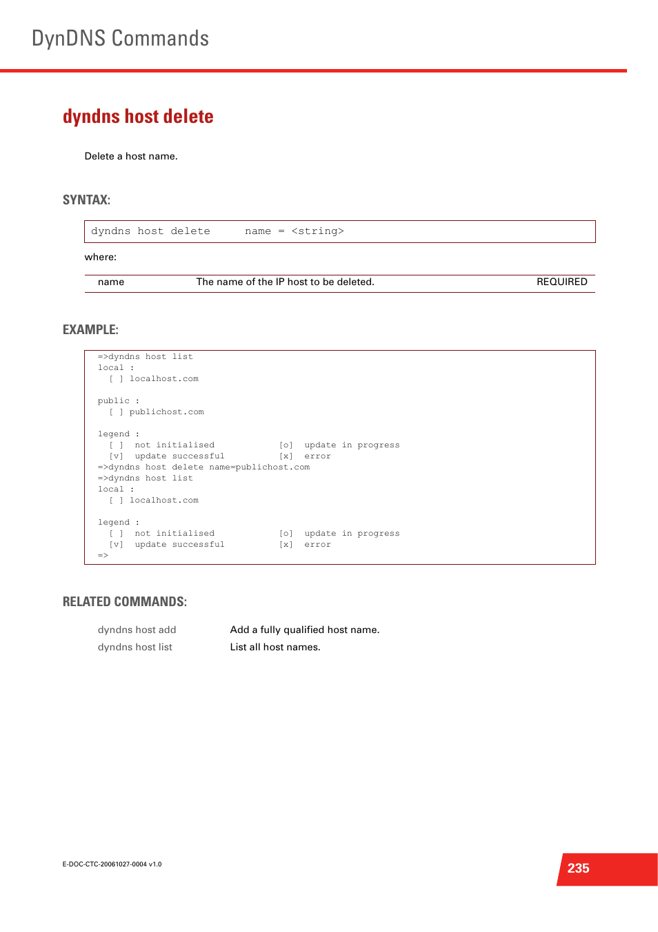 Dyndns host delete, Delete a host name, Dyndns commands | Syntax, Example: related commands | Technicolor - Thomson ST585 V6 User Manual | Page 259 / 834