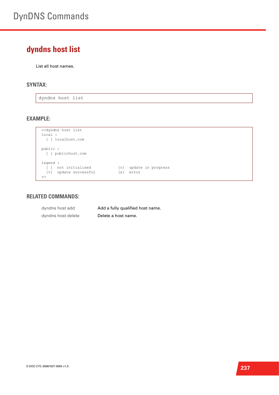 Dyndns host list, List all host names, Dyndns commands | Syntax: example: related commands | Technicolor - Thomson ST585 V6 User Manual | Page 261 / 834