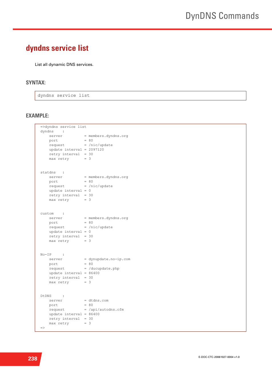 Dyndns service list, List all dynamic dns services, Dyndns commands | Syntax: example | Technicolor - Thomson ST585 V6 User Manual | Page 262 / 834