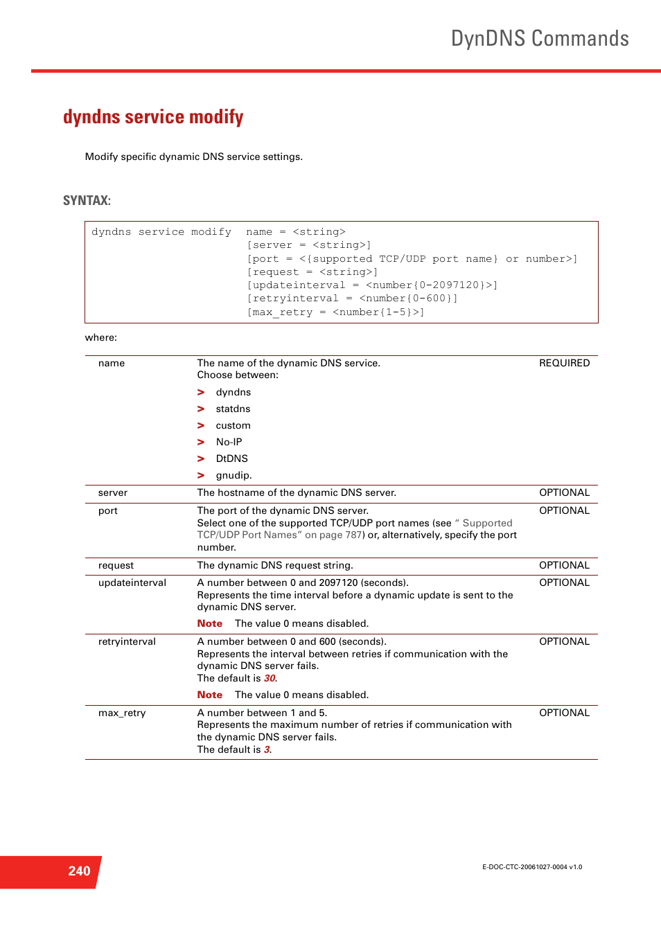 Dyndns service modify, Modify specific dynamic dns service settings, Dyndns commands | Syntax | Technicolor - Thomson ST585 V6 User Manual | Page 264 / 834