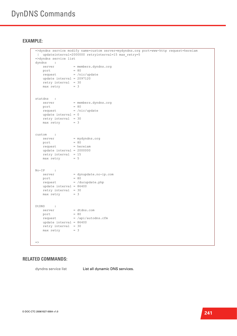 Dyndns commands, 241 example: related commands | Technicolor - Thomson ST585 V6 User Manual | Page 265 / 834