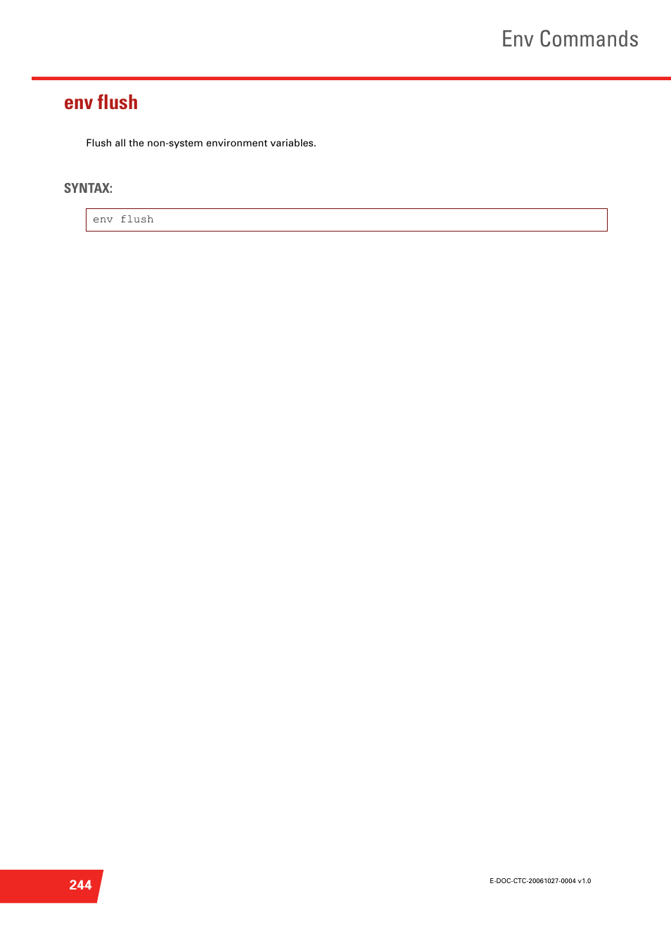 Env flush, Flush all the non-system environment variables, Env commands | Technicolor - Thomson ST585 V6 User Manual | Page 268 / 834