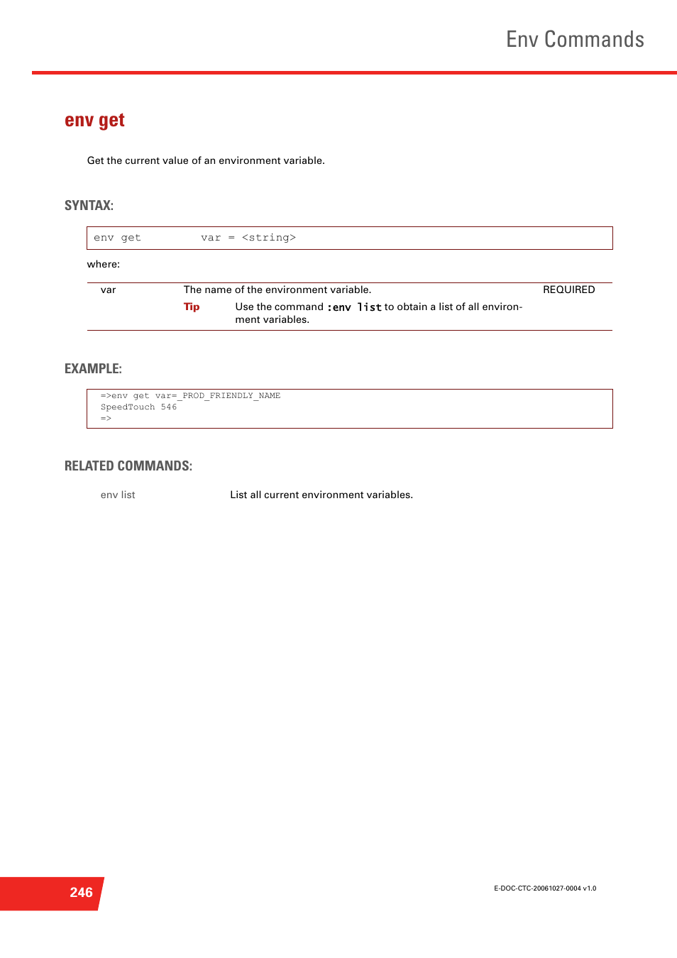 Env get, Get the current value of an environment variable, Env commands | Technicolor - Thomson ST585 V6 User Manual | Page 270 / 834