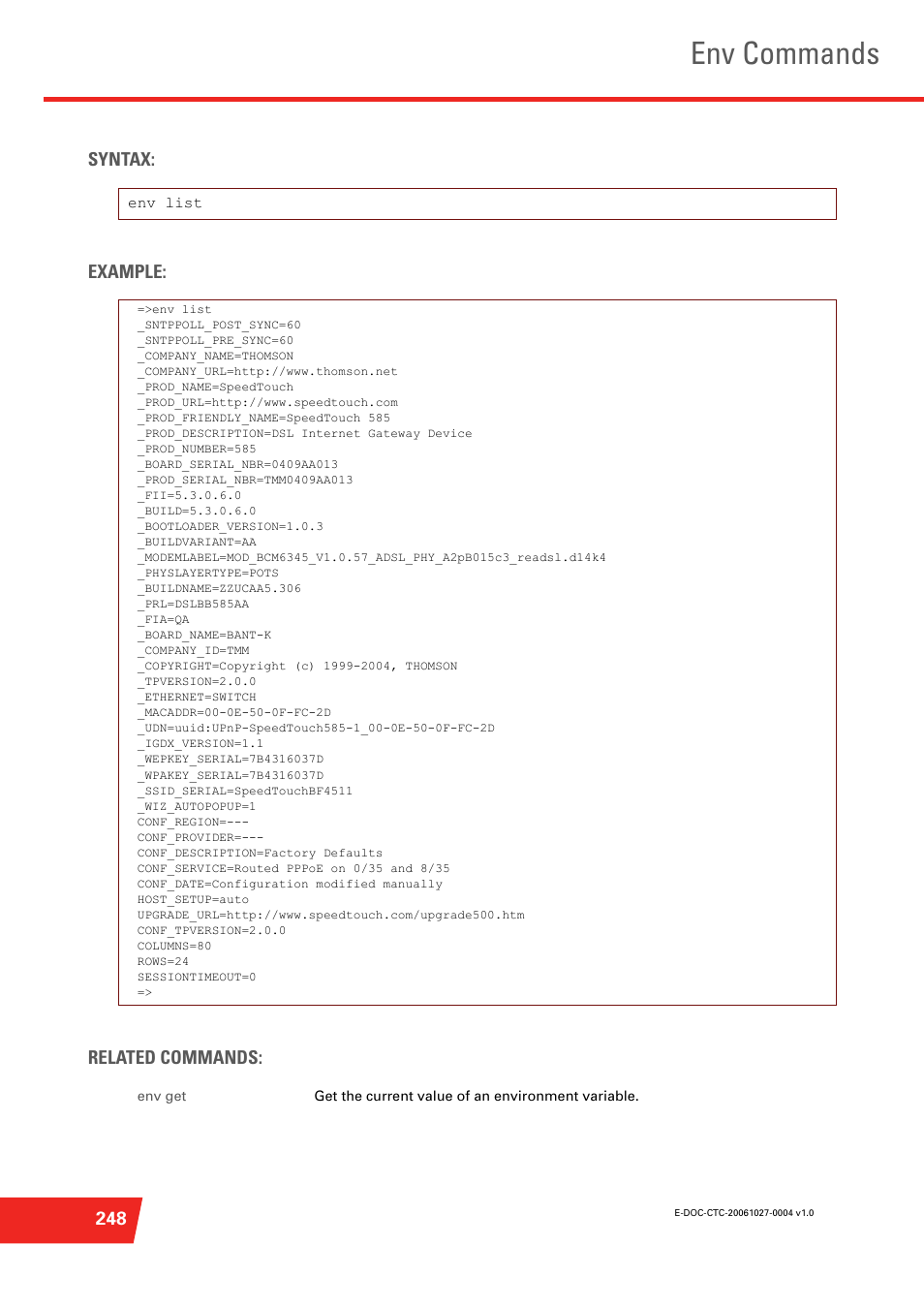 Env commands | Technicolor - Thomson ST585 V6 User Manual | Page 272 / 834