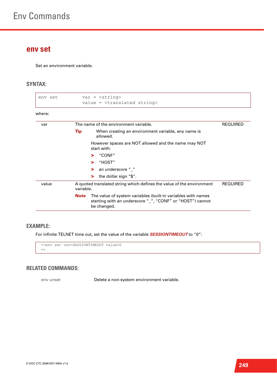 Env set, Set an environment variable, Env commands | Technicolor - Thomson ST585 V6 User Manual | Page 273 / 834