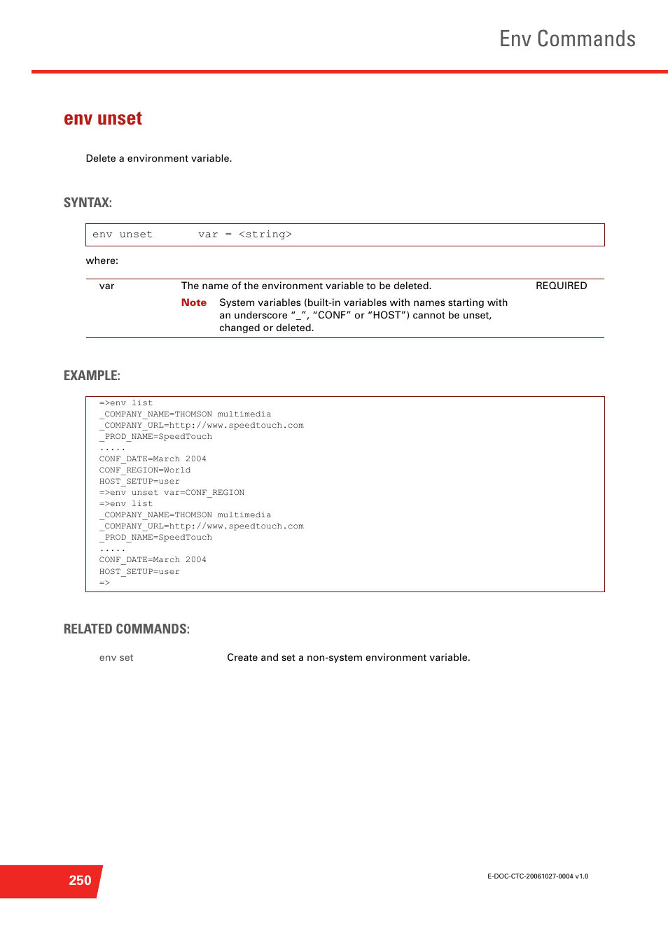 Env unset, Delete a environment variable, Env commands | Technicolor - Thomson ST585 V6 User Manual | Page 274 / 834