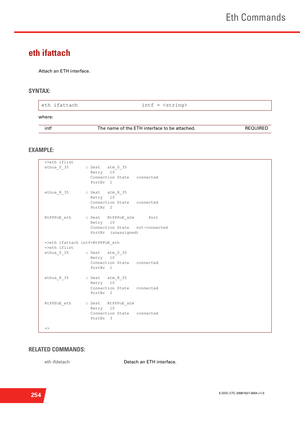 Eth ifattach, Attach an eth interface, Eth commands | Syntax, Example: related commands | Technicolor - Thomson ST585 V6 User Manual | Page 278 / 834