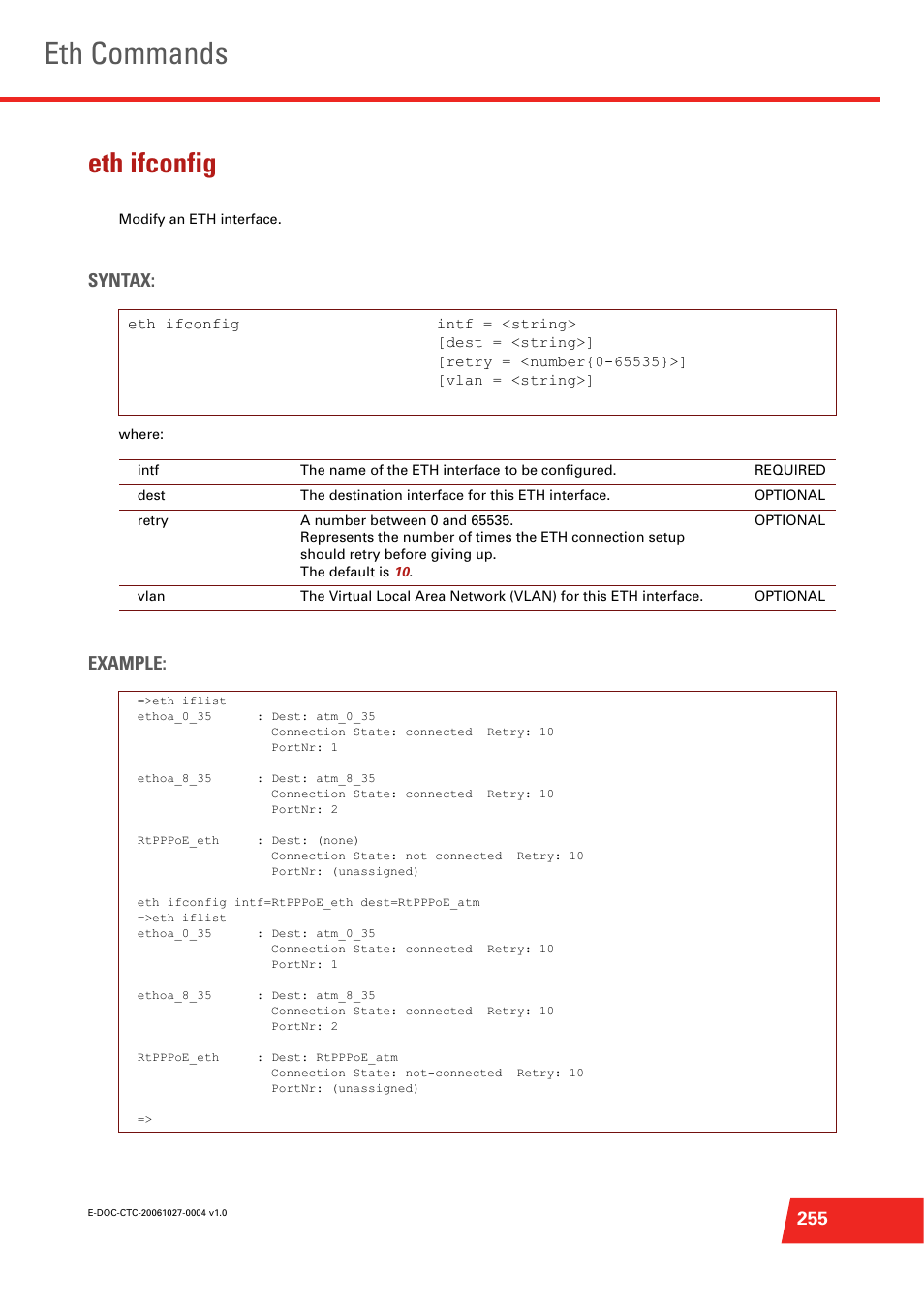 Eth ifconfig, Modify an eth interface, Eth commands | Syntax, Example | Technicolor - Thomson ST585 V6 User Manual | Page 279 / 834