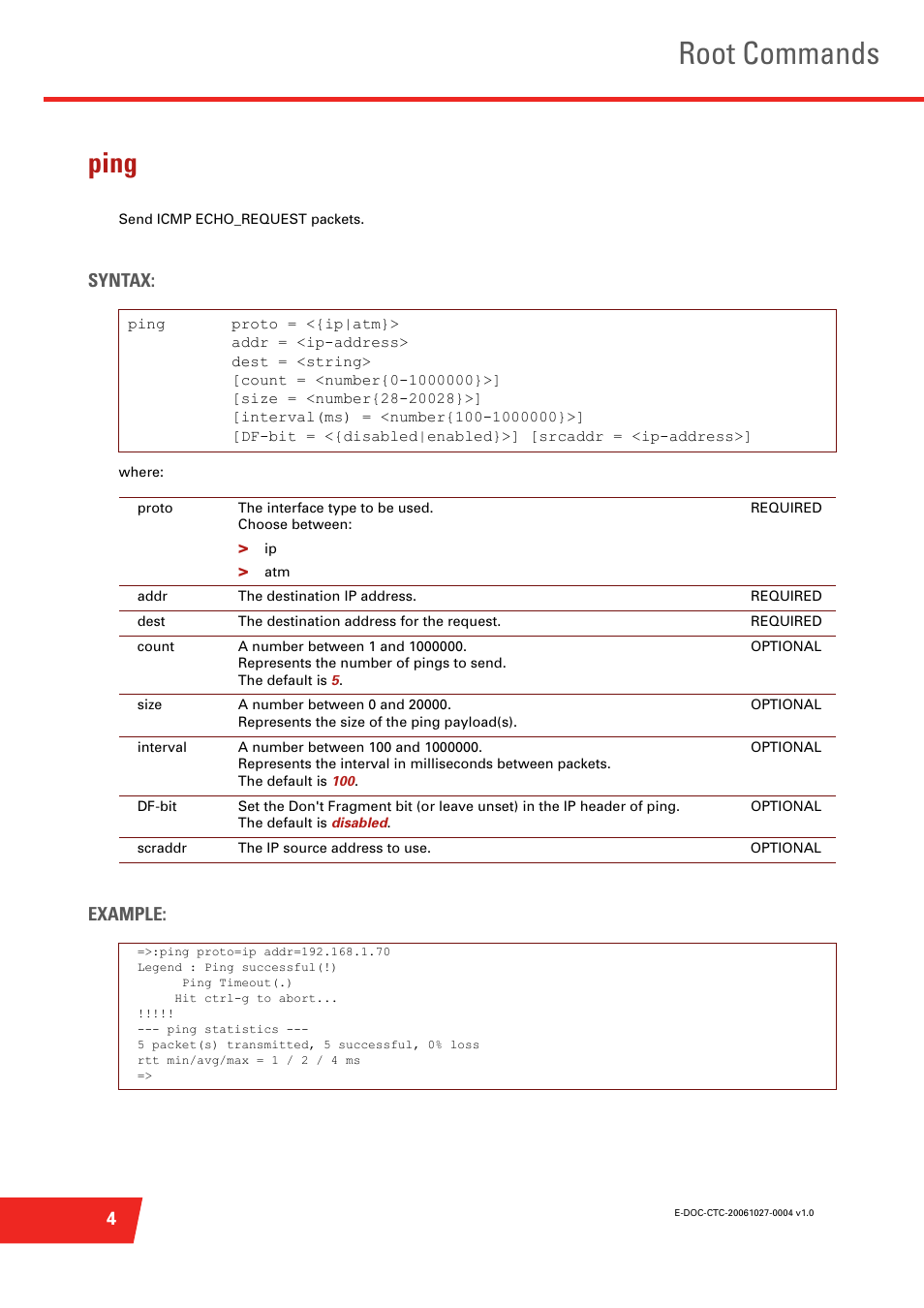 Ping, Root commands, Syntax | Example | Technicolor - Thomson ST585 V6 User Manual | Page 28 / 834