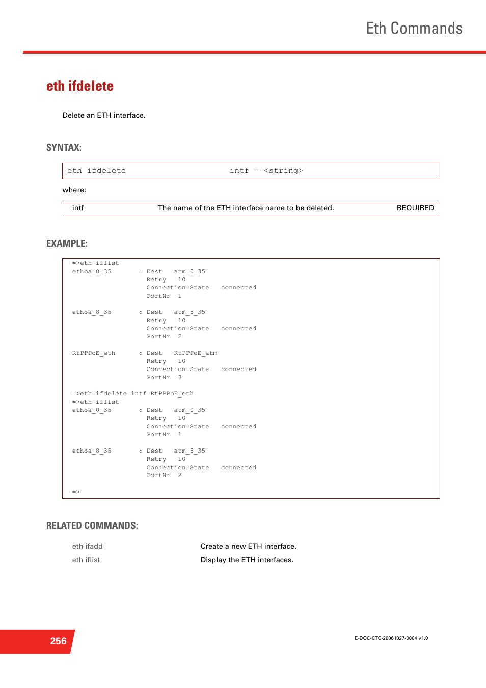 Eth ifdelete, Delete an eth interface, Eth commands | Syntax, Example: related commands | Technicolor - Thomson ST585 V6 User Manual | Page 280 / 834