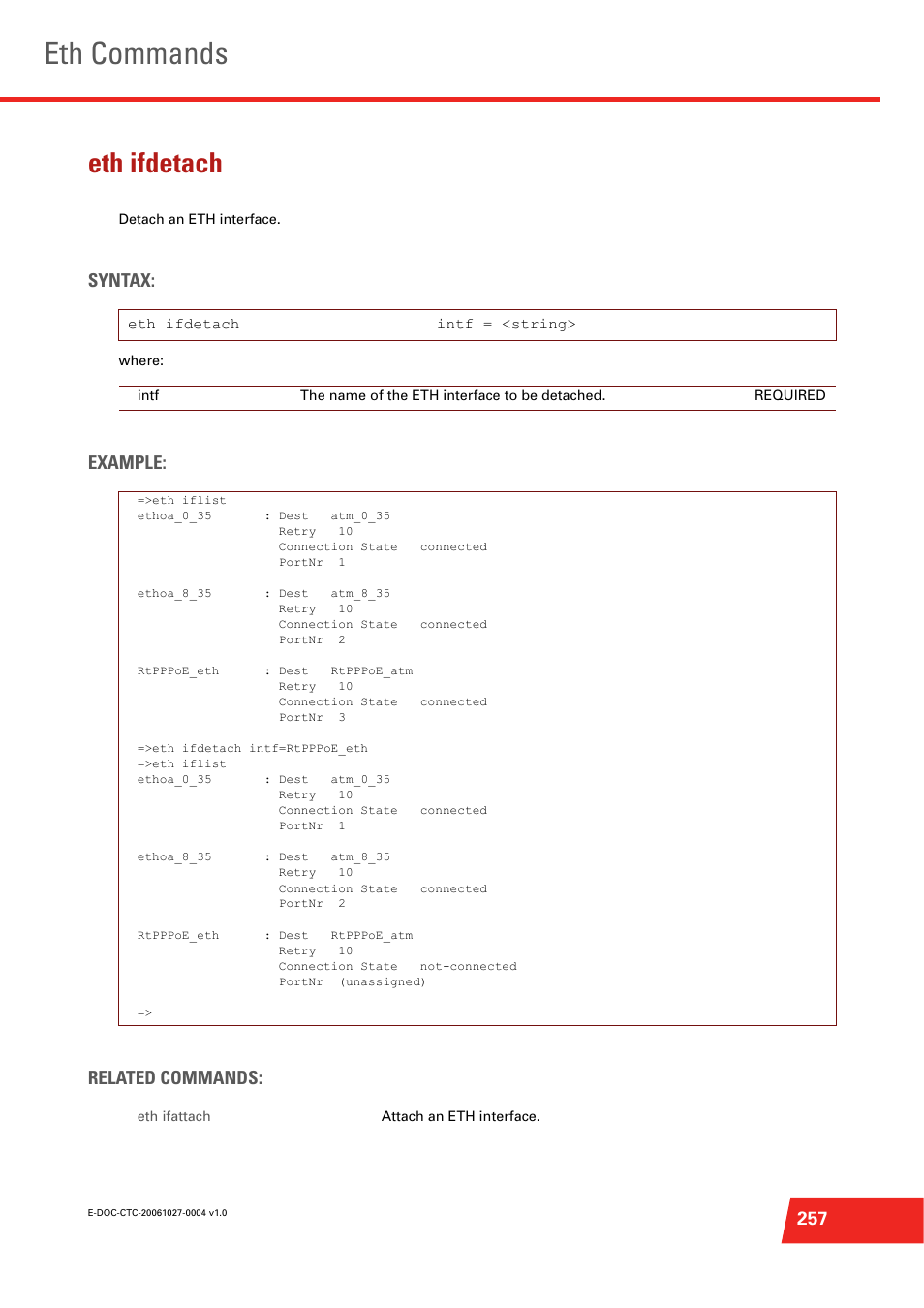 Eth ifdetach, Detach an eth interface, Eth commands | Syntax, Example: related commands | Technicolor - Thomson ST585 V6 User Manual | Page 281 / 834