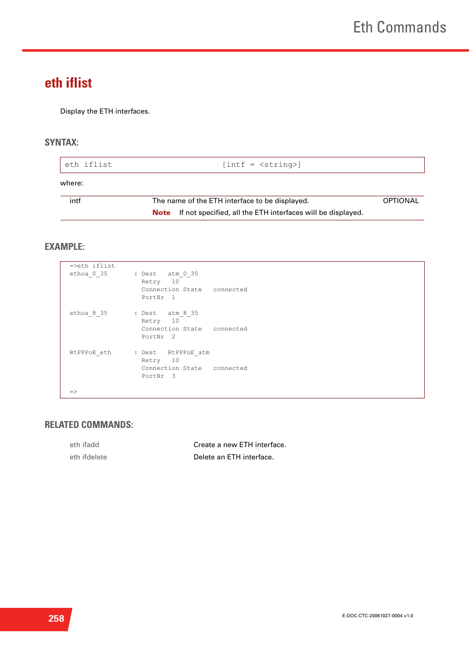 Eth iflist, Display the eth interfaces, Eth commands | Syntax, Example: related commands | Technicolor - Thomson ST585 V6 User Manual | Page 282 / 834