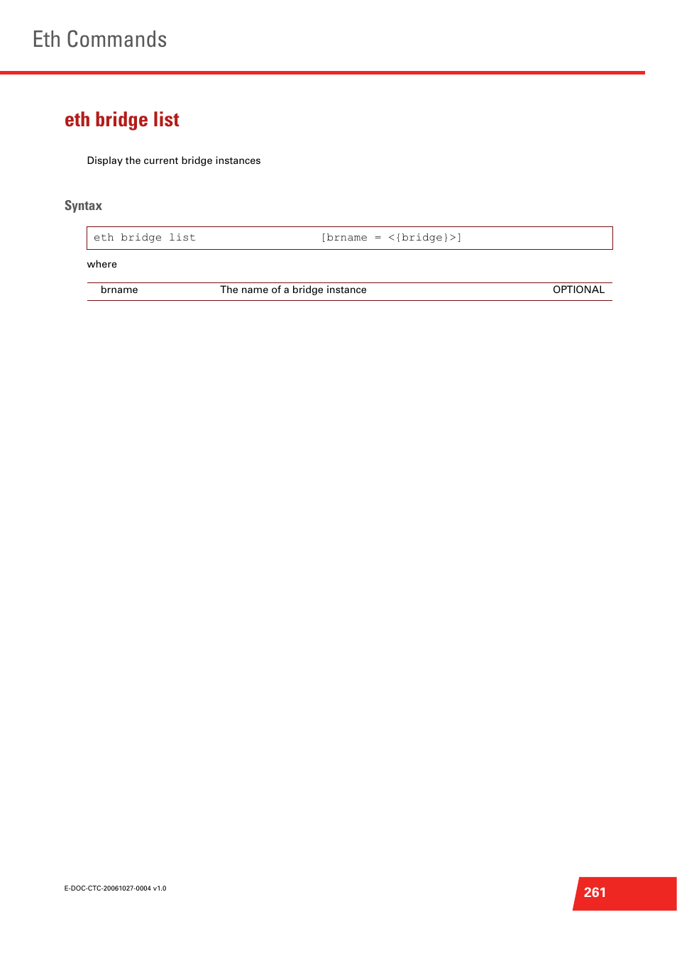 Eth bridge list, Eth commands | Technicolor - Thomson ST585 V6 User Manual | Page 285 / 834