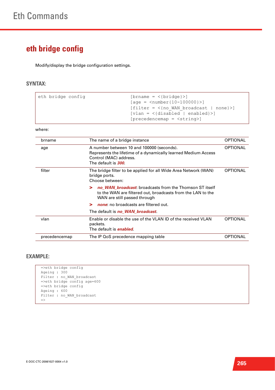 Eth bridge config, Eth commands, Syntax | Example | Technicolor - Thomson ST585 V6 User Manual | Page 289 / 834