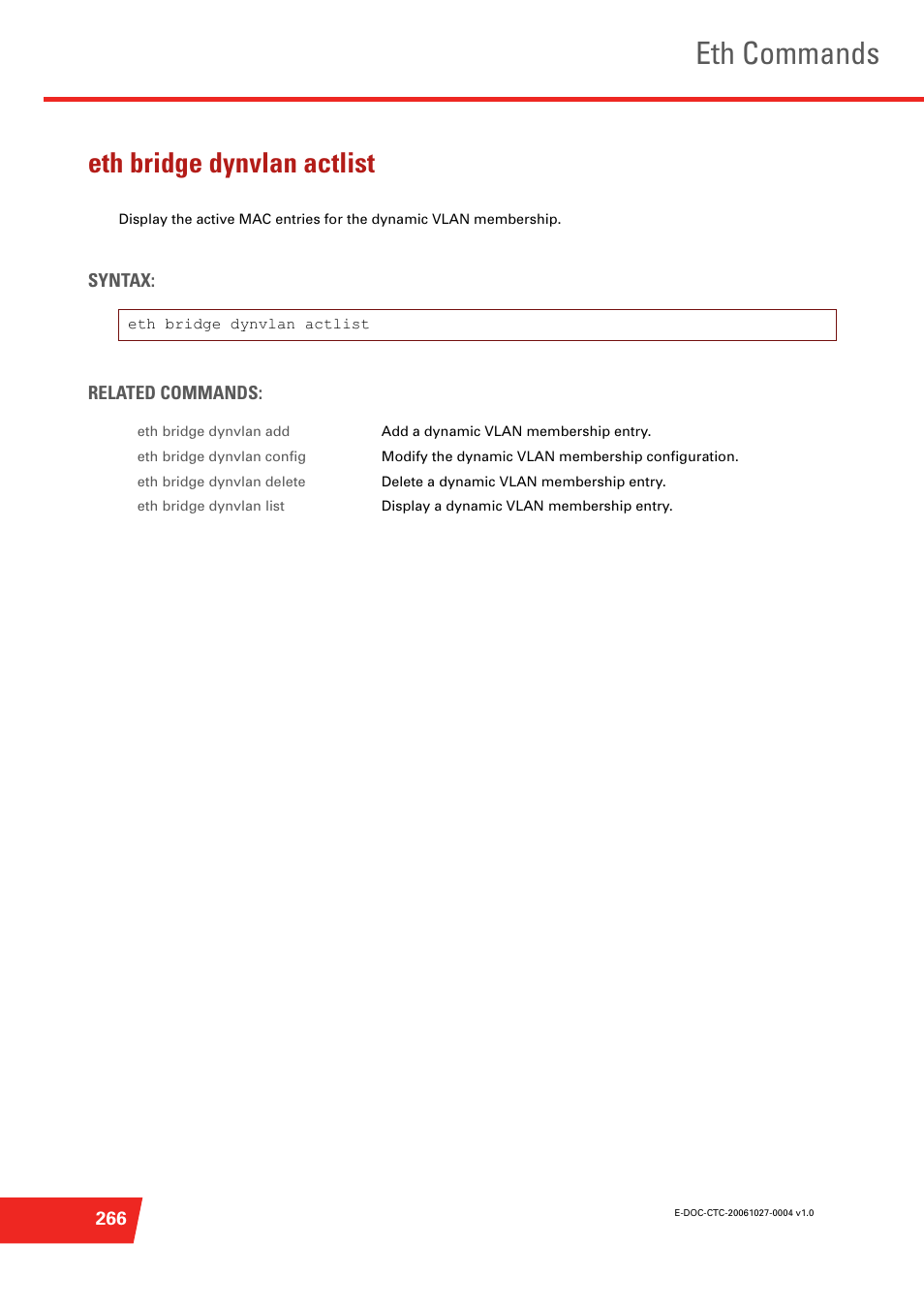 Eth bridge dynvlan actlist, Eth commands | Technicolor - Thomson ST585 V6 User Manual | Page 290 / 834