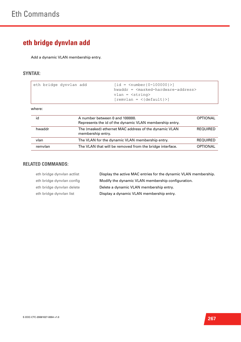 Eth bridge dynvlan add, Eth commands, Syntax | Related commands | Technicolor - Thomson ST585 V6 User Manual | Page 291 / 834