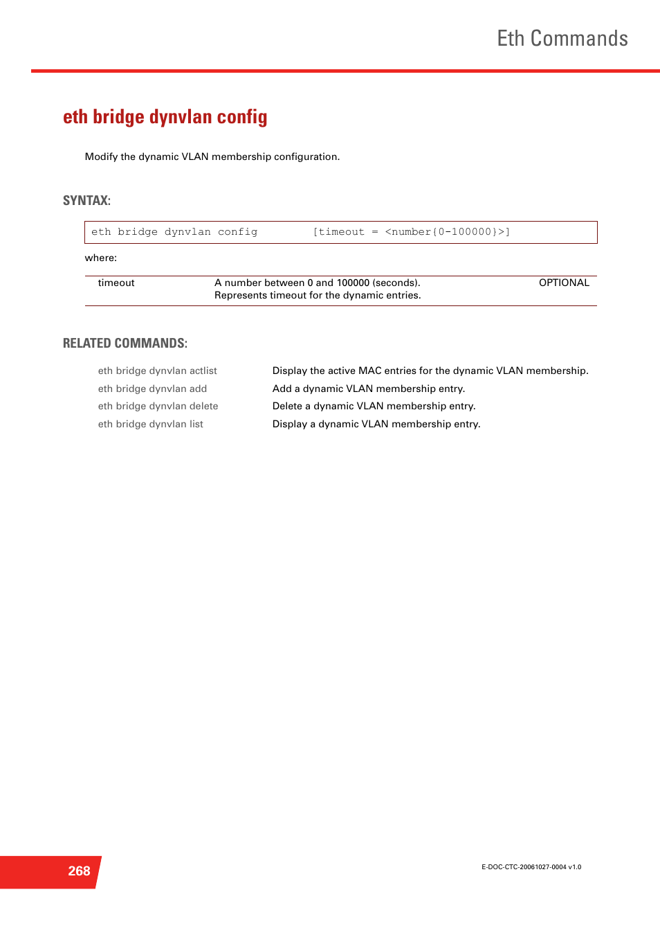 Eth bridge dynvlan config, Eth commands | Technicolor - Thomson ST585 V6 User Manual | Page 292 / 834