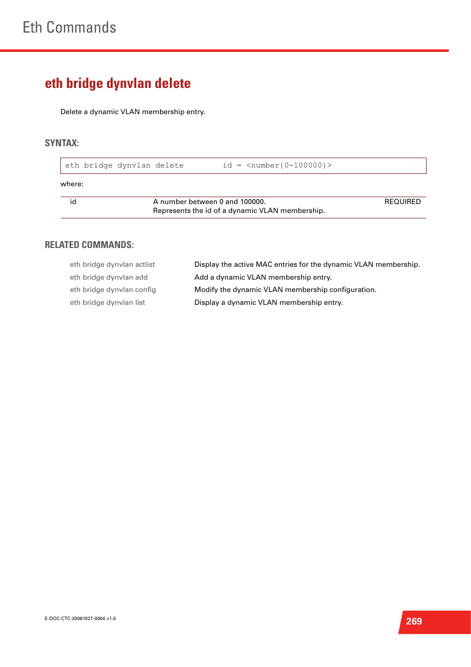 Eth bridge dynvlan delete, Eth commands | Technicolor - Thomson ST585 V6 User Manual | Page 293 / 834