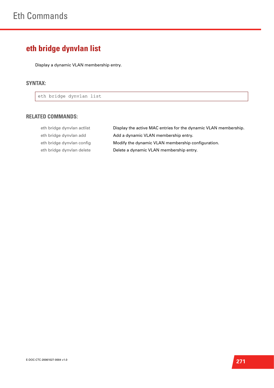 Eth bridge dynvlan list, Eth commands | Technicolor - Thomson ST585 V6 User Manual | Page 295 / 834