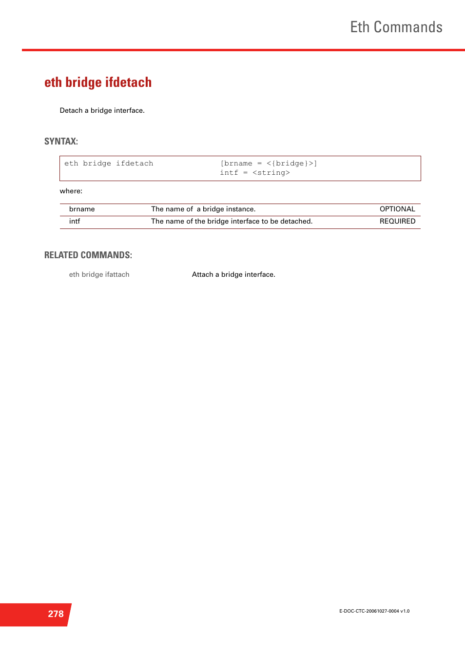 Eth bridge ifdetach, Eth commands | Technicolor - Thomson ST585 V6 User Manual | Page 302 / 834