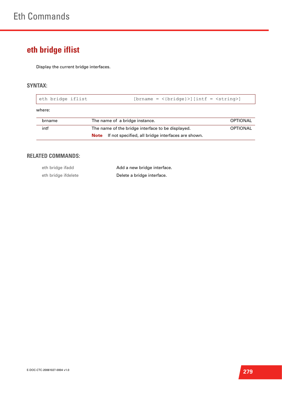 Eth bridge iflist, Eth commands | Technicolor - Thomson ST585 V6 User Manual | Page 303 / 834