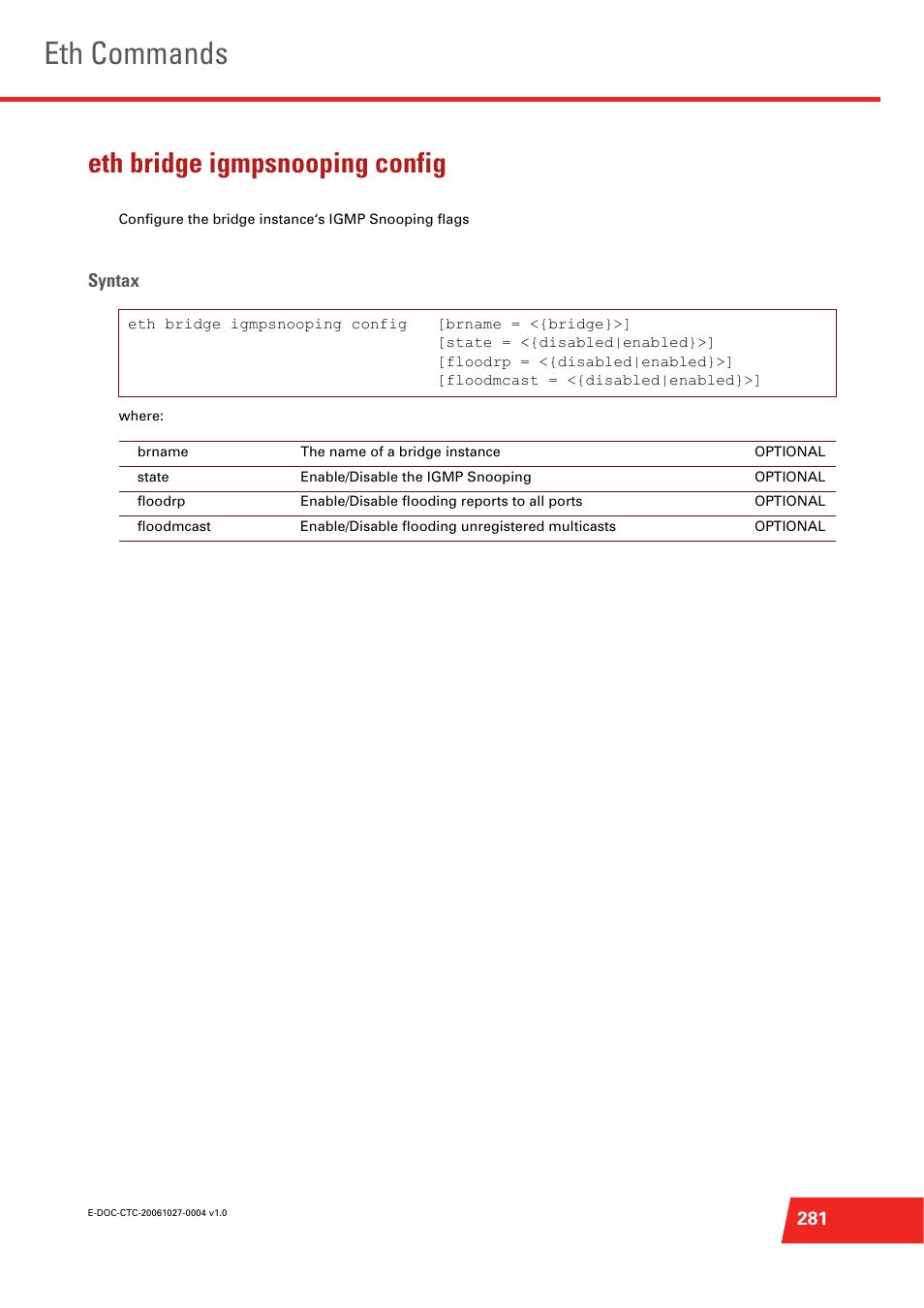 Eth bridge igmpsnooping config, Eth commands | Technicolor - Thomson ST585 V6 User Manual | Page 305 / 834