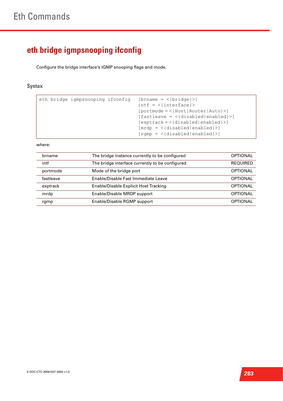 Eth bridge igmpsnooping ifconfig, Eth commands, Syntax | Technicolor - Thomson ST585 V6 User Manual | Page 307 / 834