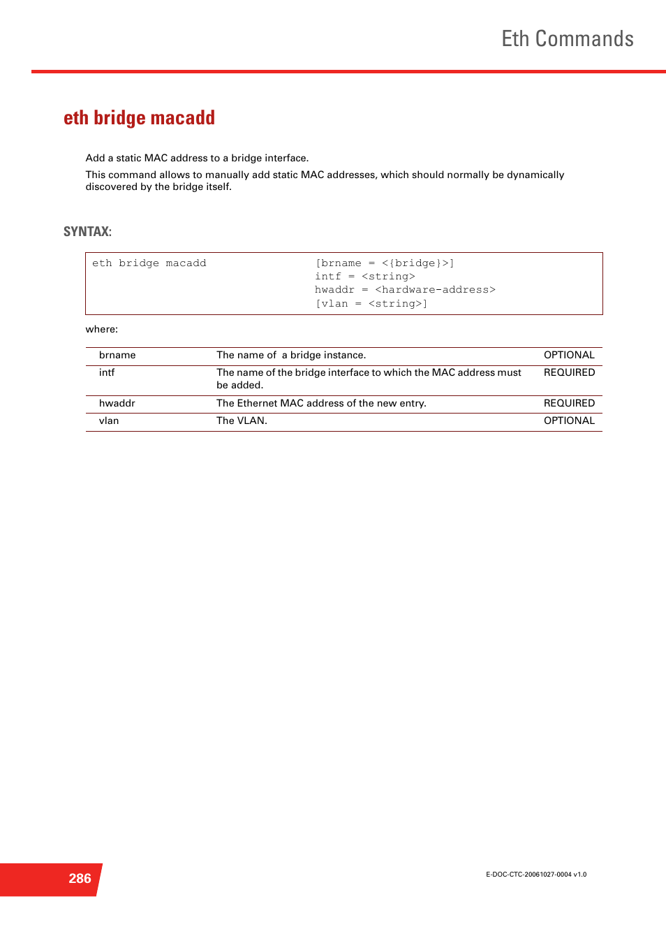 Eth bridge macadd, Eth commands | Technicolor - Thomson ST585 V6 User Manual | Page 310 / 834