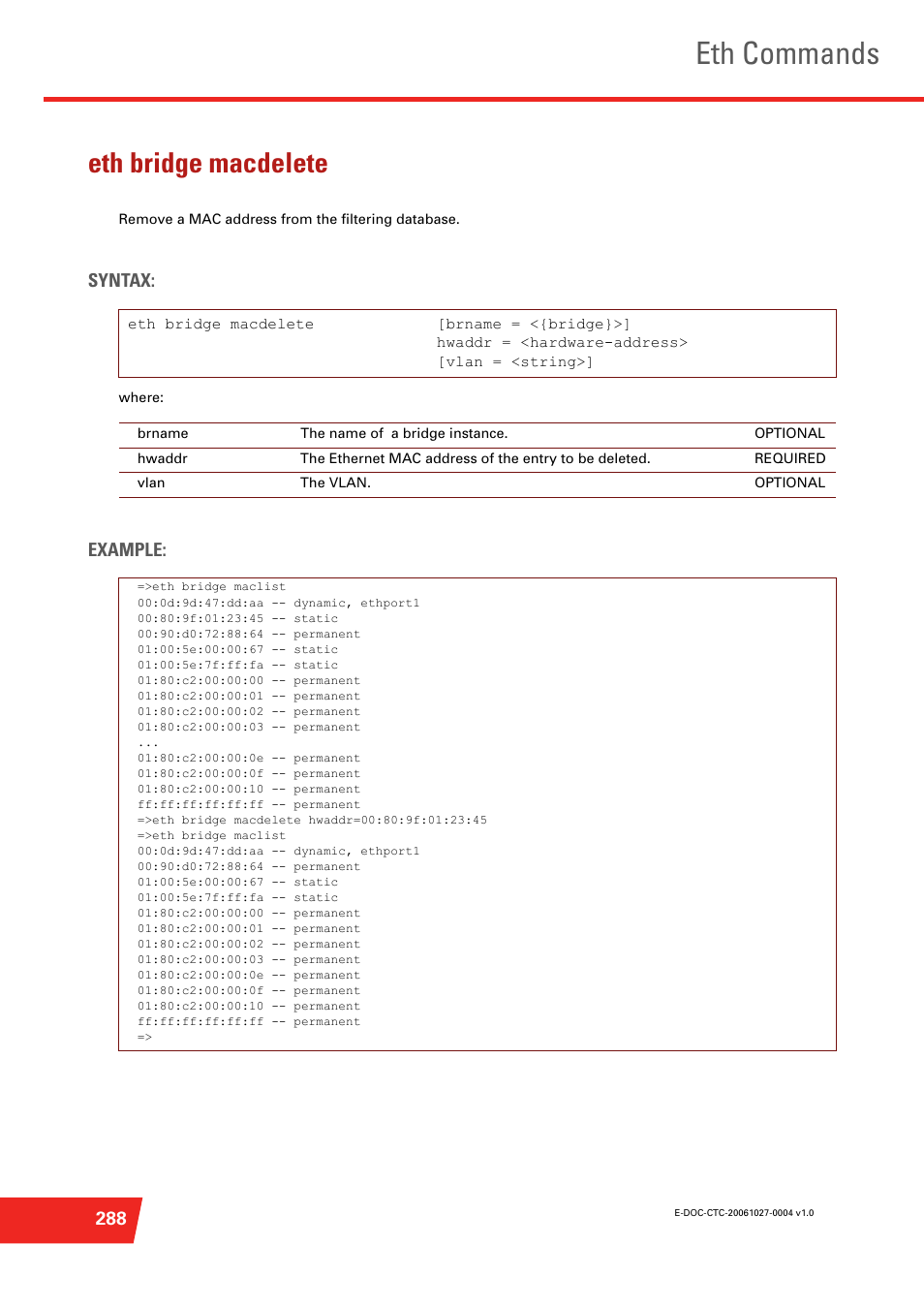 Eth bridge macdelete, Eth commands | Technicolor - Thomson ST585 V6 User Manual | Page 312 / 834