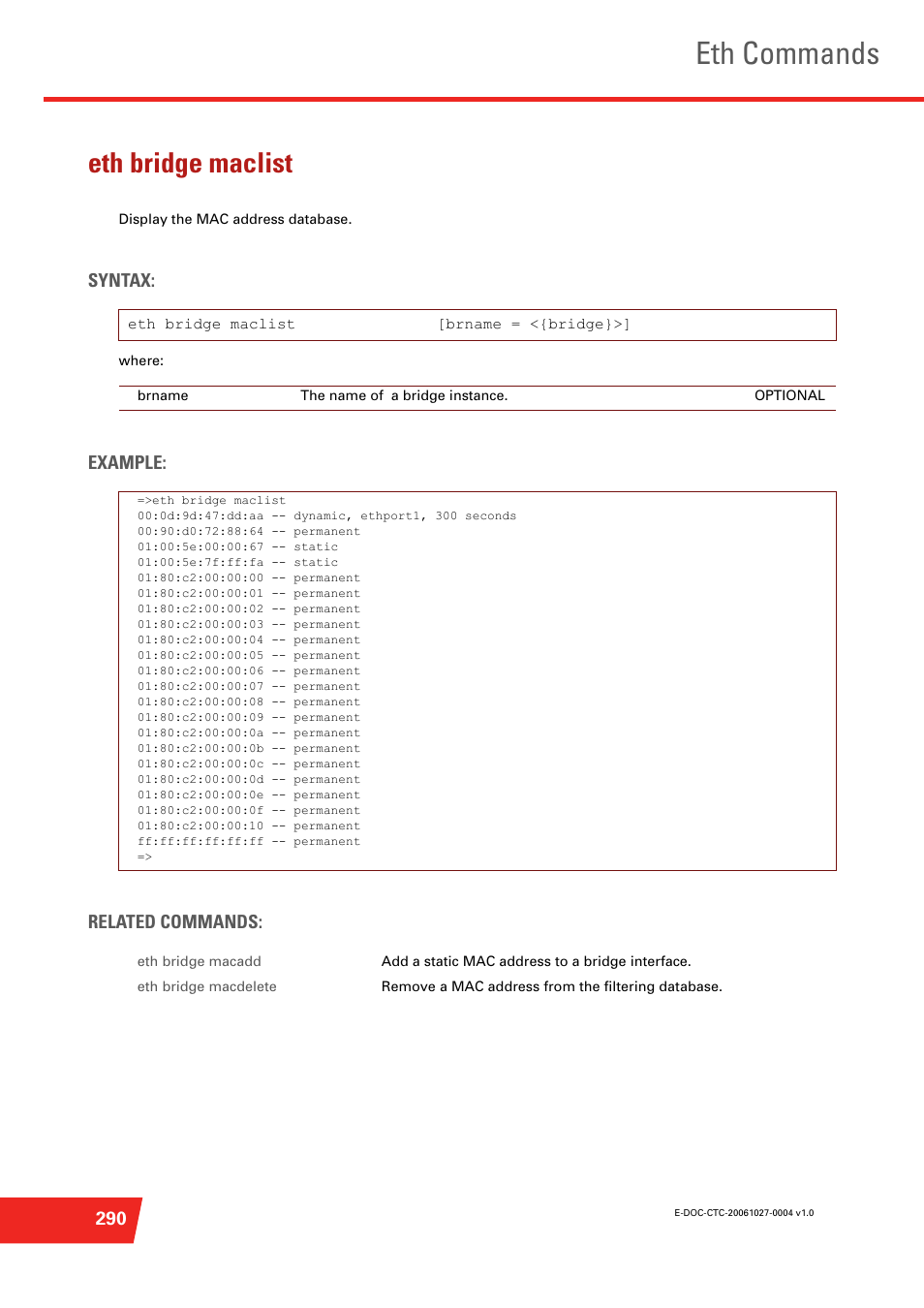 Eth bridge maclist, Eth commands | Technicolor - Thomson ST585 V6 User Manual | Page 314 / 834